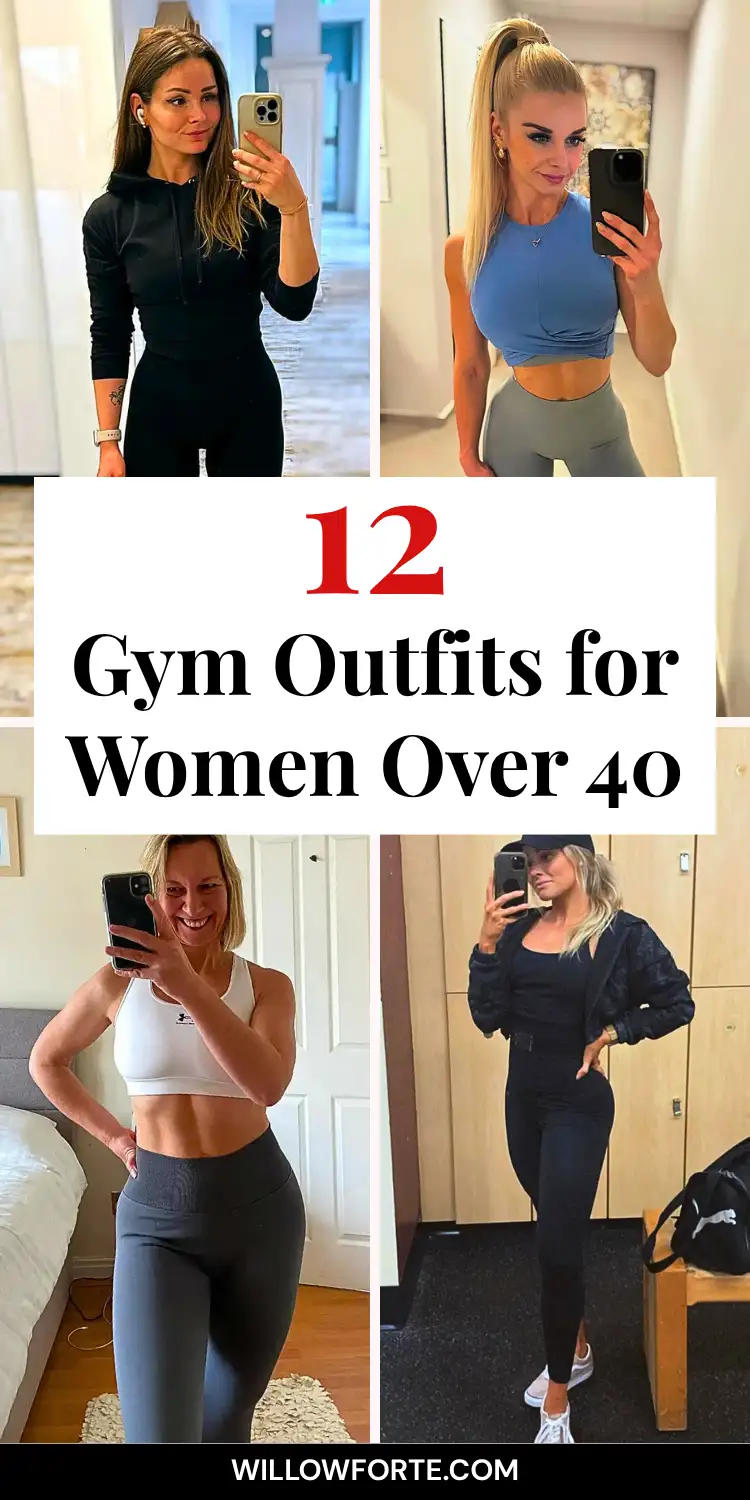 Gym Outfits for Women Over 40: 12 Looks That Stay Put 2 A four photo mirror selfie collage shows women in gym outfits, including a black hoodie legging set, a blue crop tank outfit with gray leggings and a high ponytail, a white sports bra with gray leggings in a bedroom, and a cropped bomber jacket over an all black look with a cap and gym bag. Bold red and black text reads 12 Gym Outfits for Women Over 40, spotlighting this women's activewear roundup.
