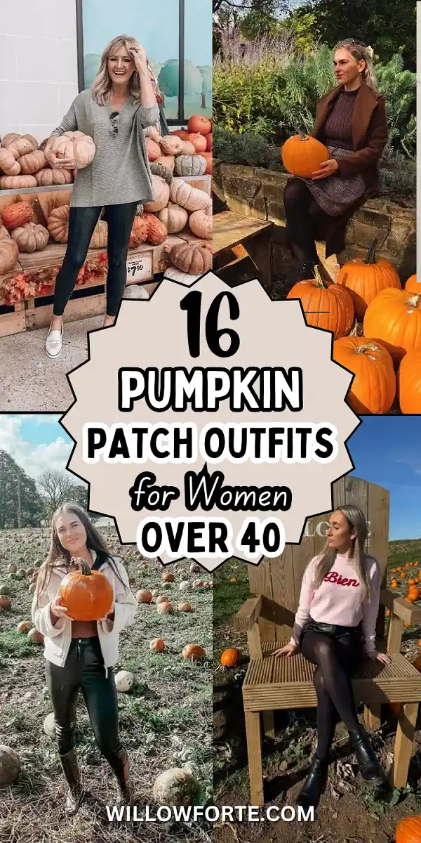 16 Pumpkin Patch Outfits Over 40 That Handle Mud, Hay, and Photos 2 A four-photo pumpkin patch outfit collage for women over 40 with a cream text overlay. Top left shows a gray tunic sweater, black leggings, and white loafers at a pumpkin stand. Top right features a brown coat over a plaid skirt beside orange pumpkins. Bottom left shows a cream jacket and tall boots in a pumpkin field. Bottom right shows a pink sweater with a black leather skirt on a wooden chair.