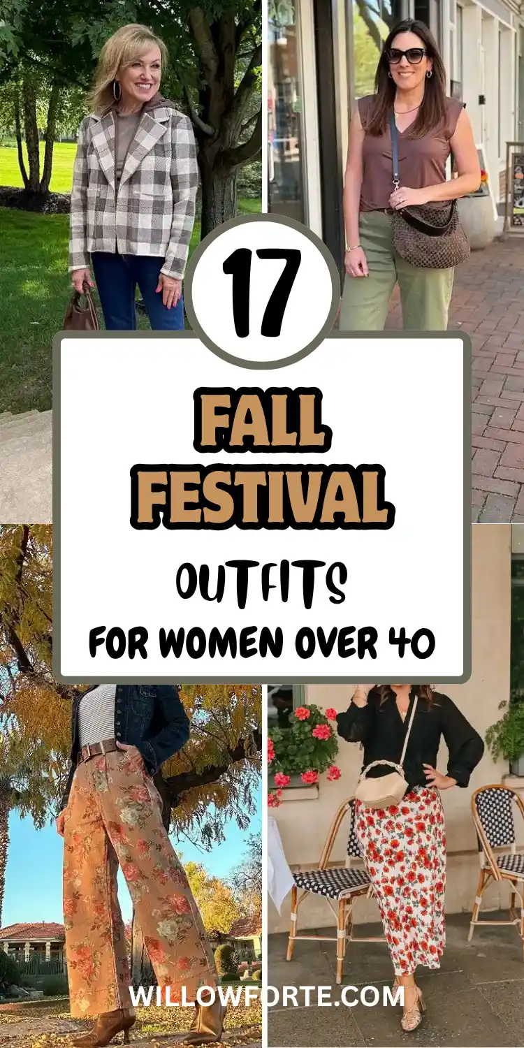 A four photo collage shows fall festival outfits for women over 40 in earthy browns and olive. A blonde woman smiles in a taupe buffalo check jacket and dark jeans on a green lawn. A brunette on a brick sidewalk wears a brown top with olive pants. Below, camel floral trousers meet a denim jacket under golden autumn leaves, and a red floral midi skirt pairs with a black blouse at a café. Center text promises 17 outfit ideas.