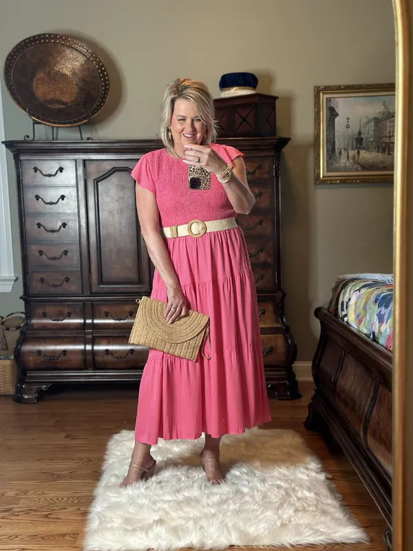 17 Fall Wedding Guest Dresses Over 40 That Look Expensive 5 4. Coral Pink Tiered Maxi With a Straw Belt