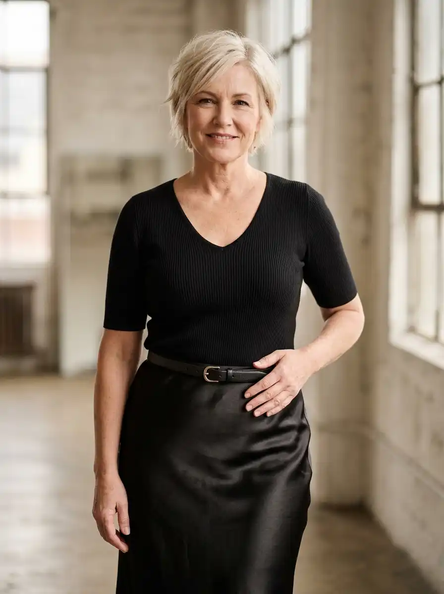 How to Wear All Black Over 40 Without Looking Severe 4 Swap one matte piece for silk, rib knit, or leather