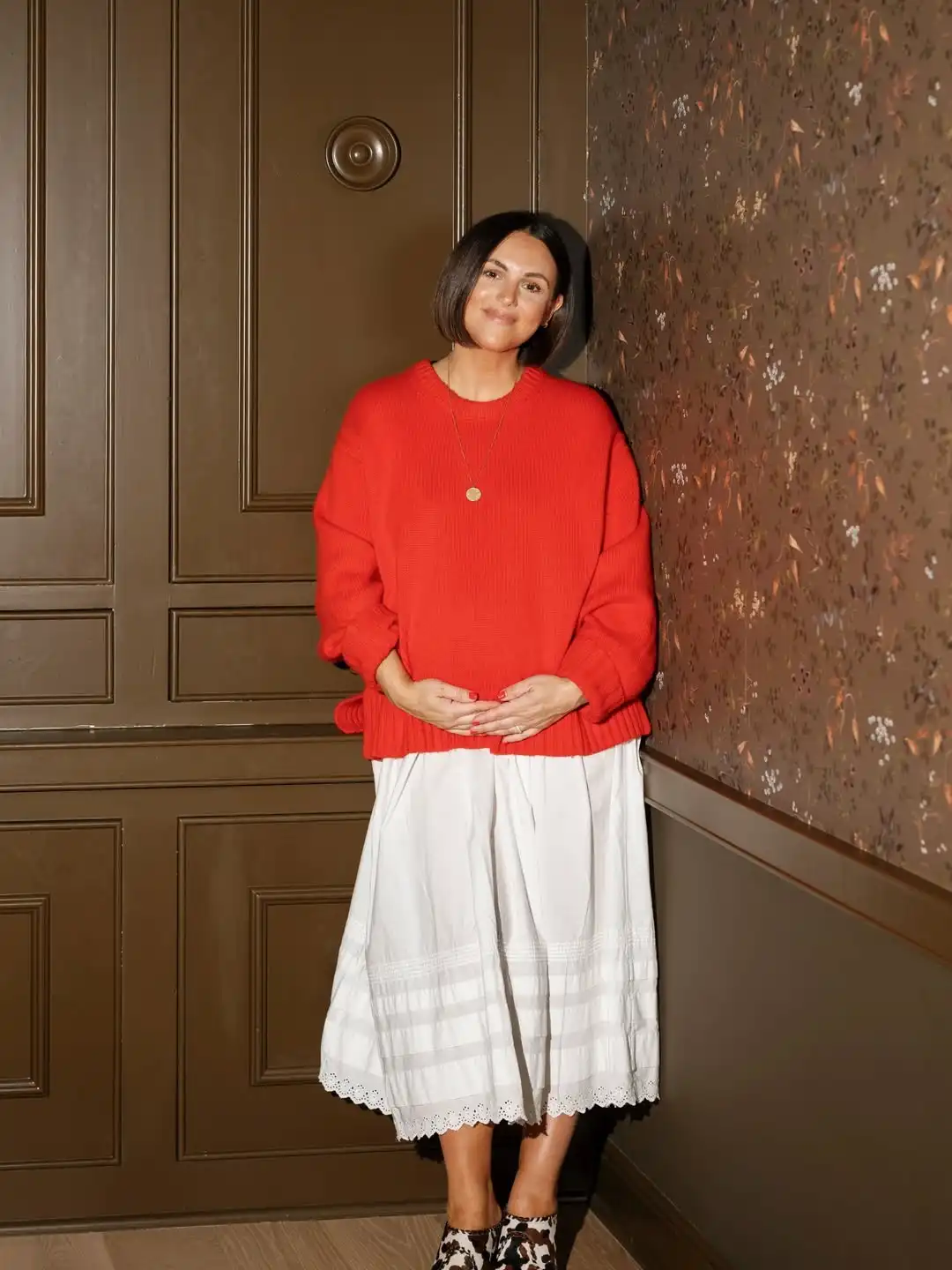 11. Oversized Red Sweater with White Midi Skirt