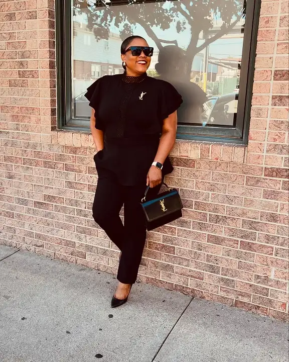 Flutter Sleeve Blouse and Slim Black Trousers