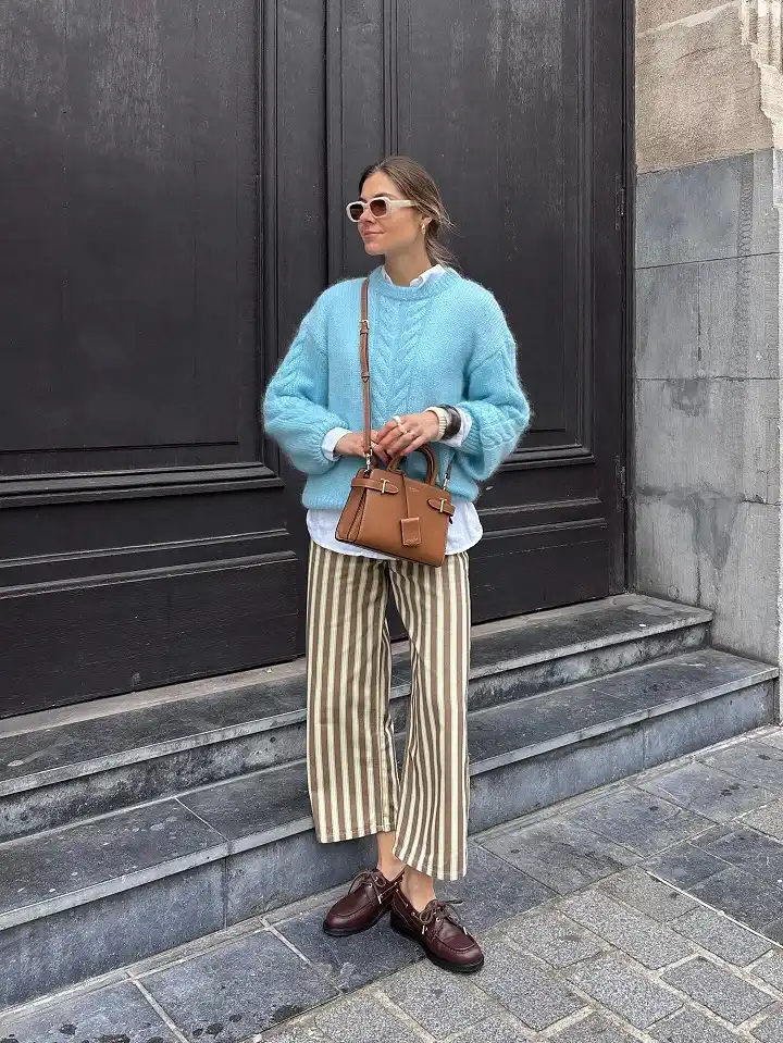 16 Spring Transitional Outfits Over 40 (Winter-to-Spring) 4 A Fuzzy Aqua Sweater Layered Over a White Shirt