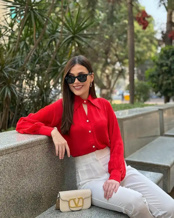 Red Blouse With Cream Trousers for a Lunch Date