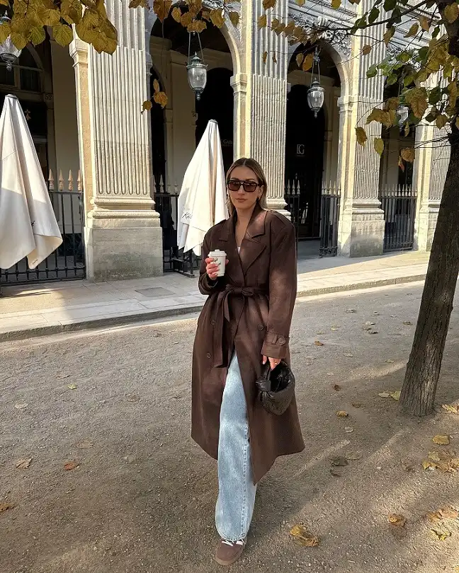 Brown Teddy Coat With Striped Track Pants and Retro Sneakers