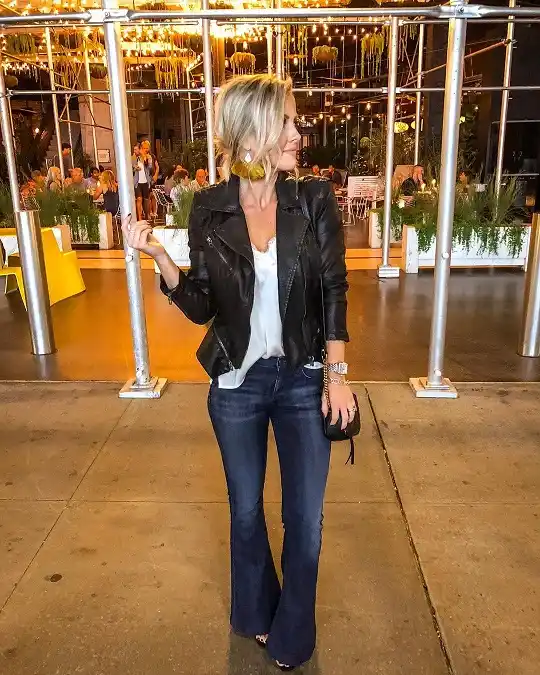 15 Fall Date Night Outfits Over 40 That Look Expensive Without Trying 3 2. Leather Jacket Over Flares for a Patio Dinner