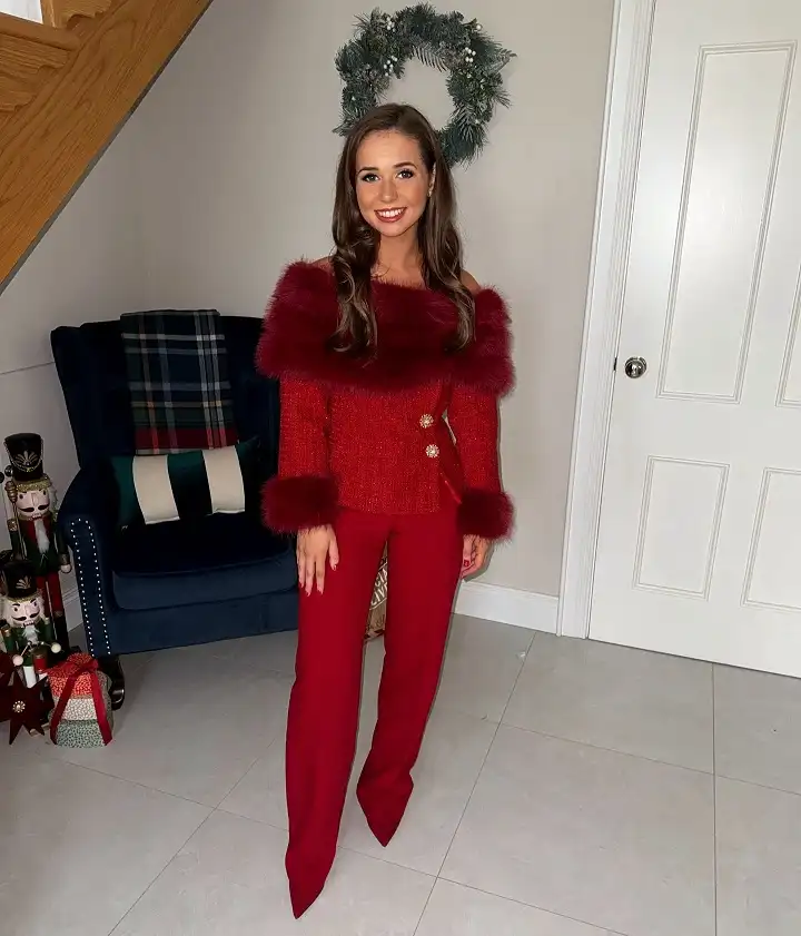 All Red Tweed Top With Fur Trim and Wide Trousers