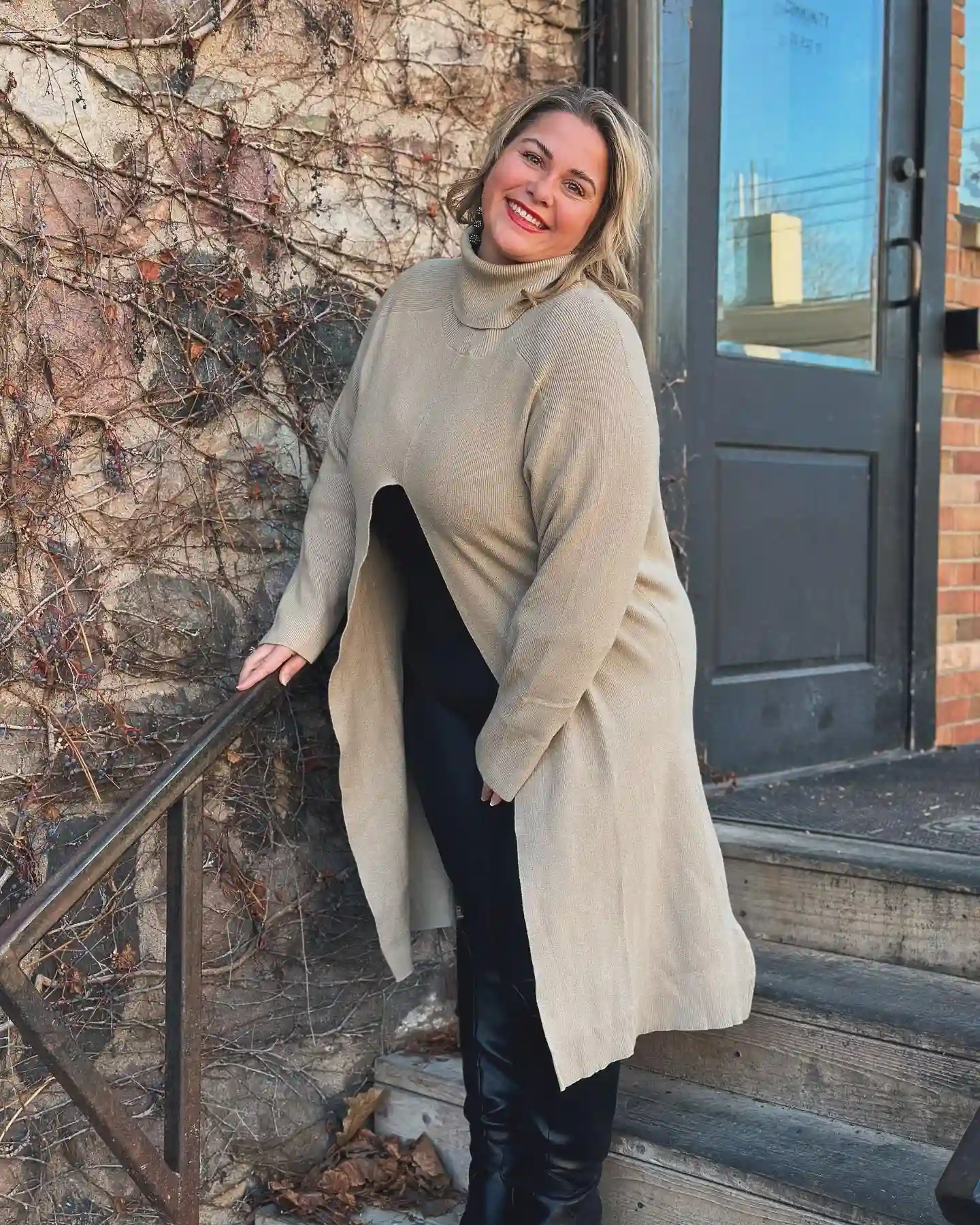 1. Turtleneck Sweater Duster with Leather Leggings