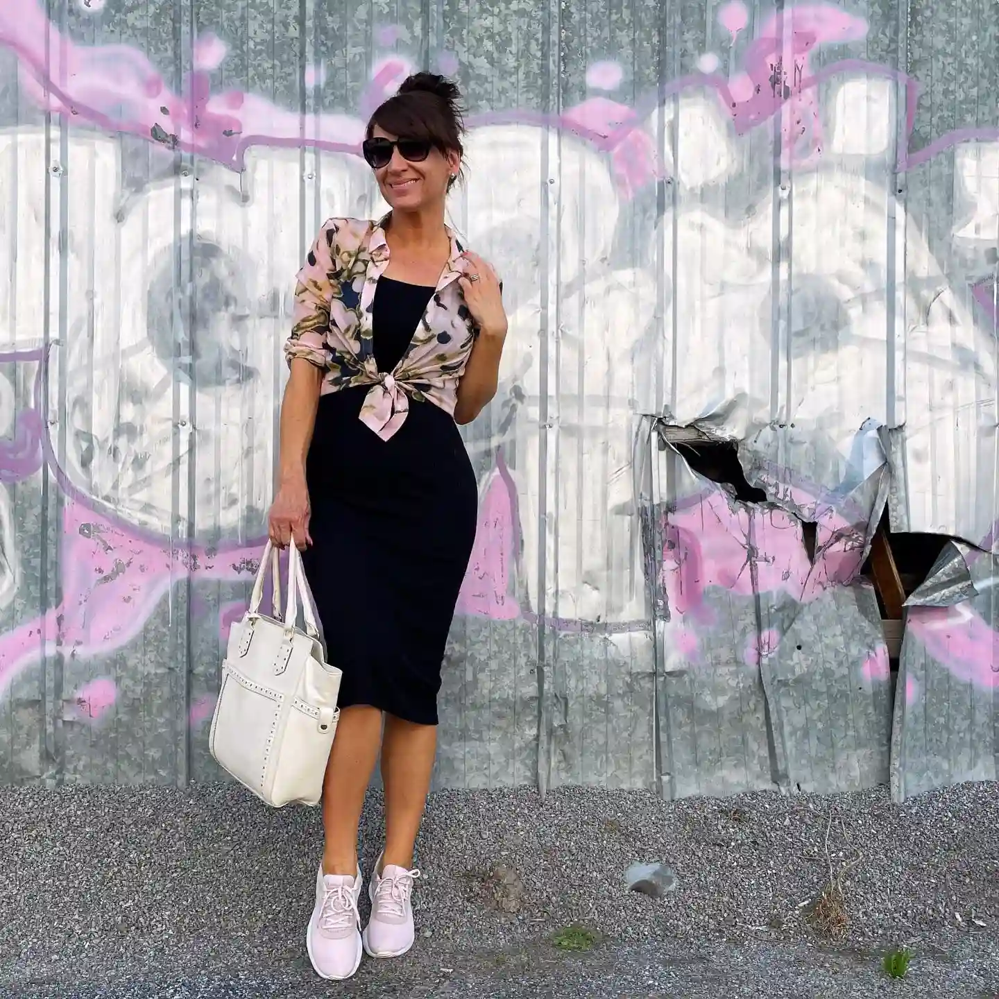 20. Black Midi Dress with Tied Floral Shirt