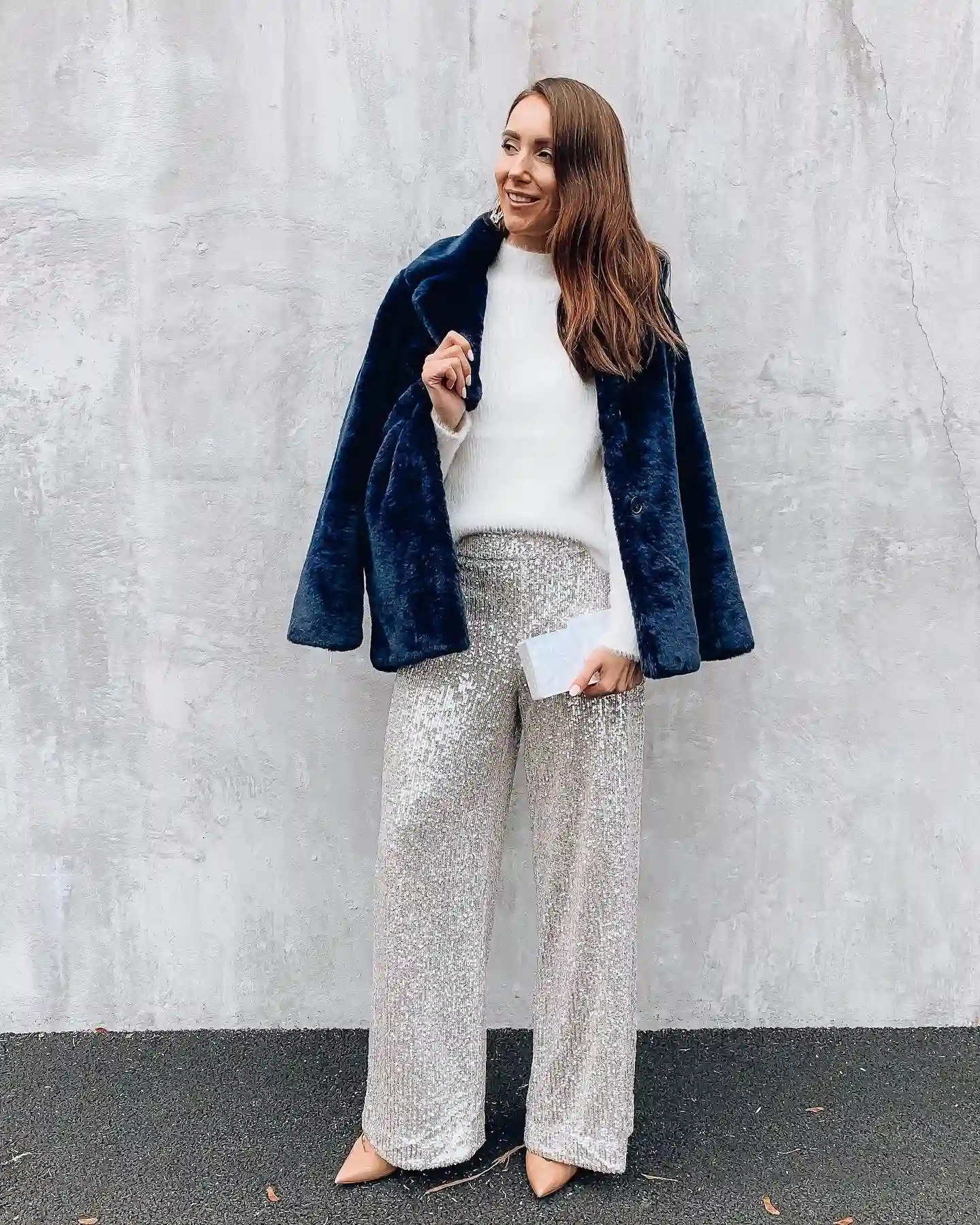 1. Sequin Pants with a Navy Faux Fur Coat
