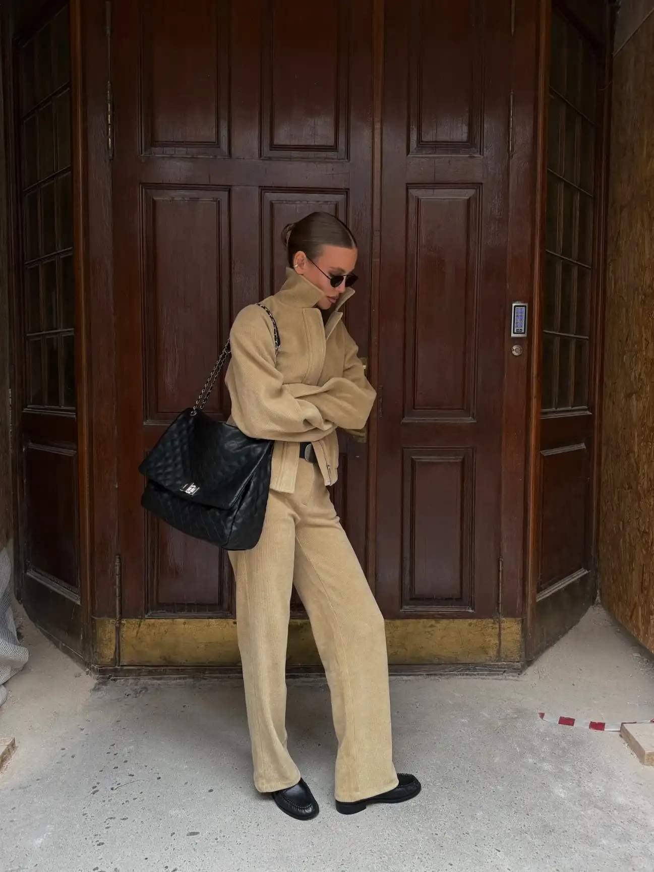 16 Corduroy Outfits for Women Over 40 12 11. Beige Corduroy Zip Jacket and Wide Leg Trousers Set