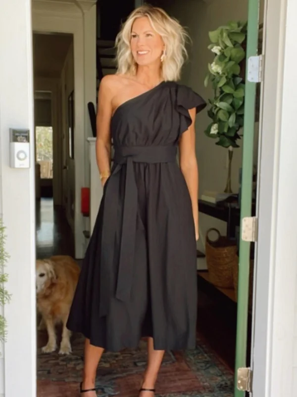 17 Fall Wedding Guest Dresses Over 40 That Look Expensive 3 2. Black One Shoulder Midi With a Ruffle Sleeve