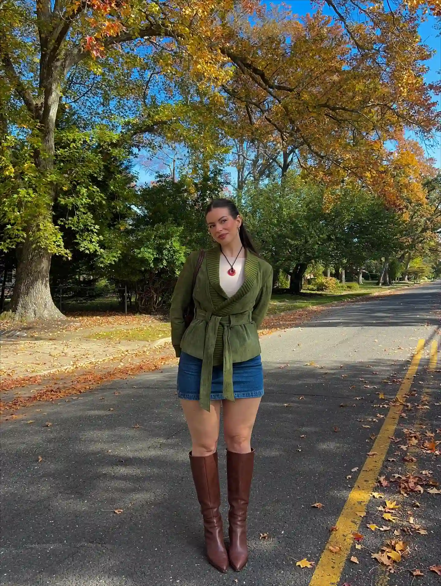 11. Suede Belted Jacket and Denim Skirt