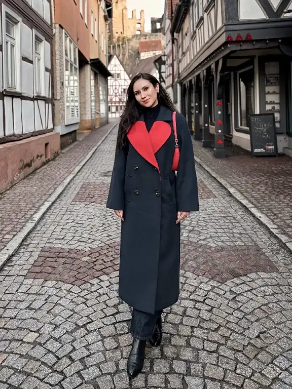Navy Coat With Red Heart Lapels