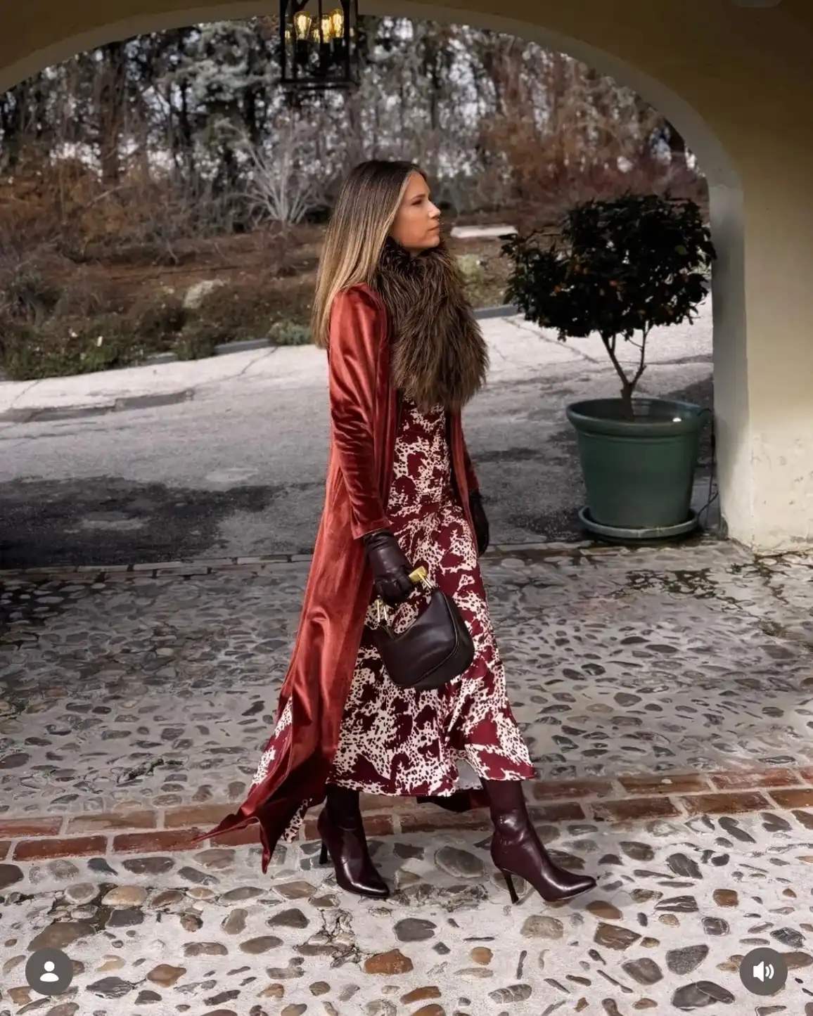 11. Printed Midi Dress with Velvet Trench