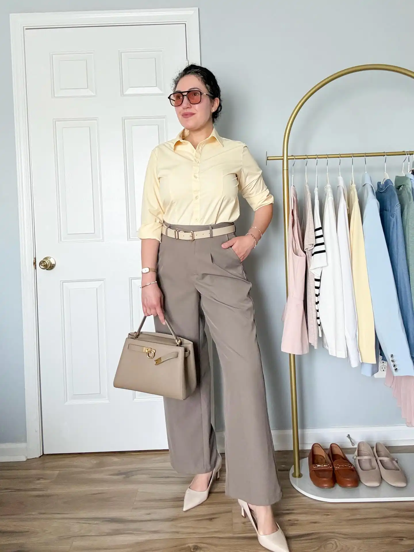 20 Classy Outfits for Women Over 40 19 Butter Yellow Shirt with Taupe Wide Leg Trousers
