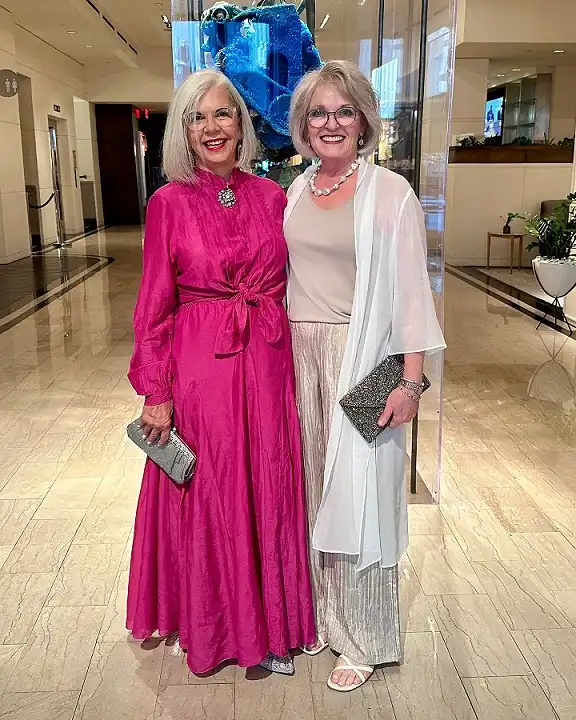 18 Retirement Party Outfits for Women Over 40 (Casual to Formal) 12 Magenta Silk Maxi and a Sheer Duster Set