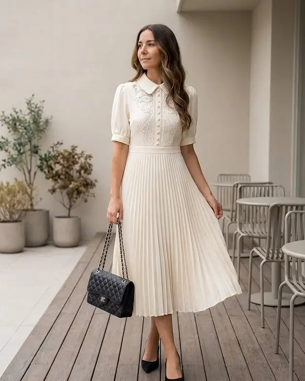 Ivory Pleated Midi Dress With an Embroidered Collared Bodice