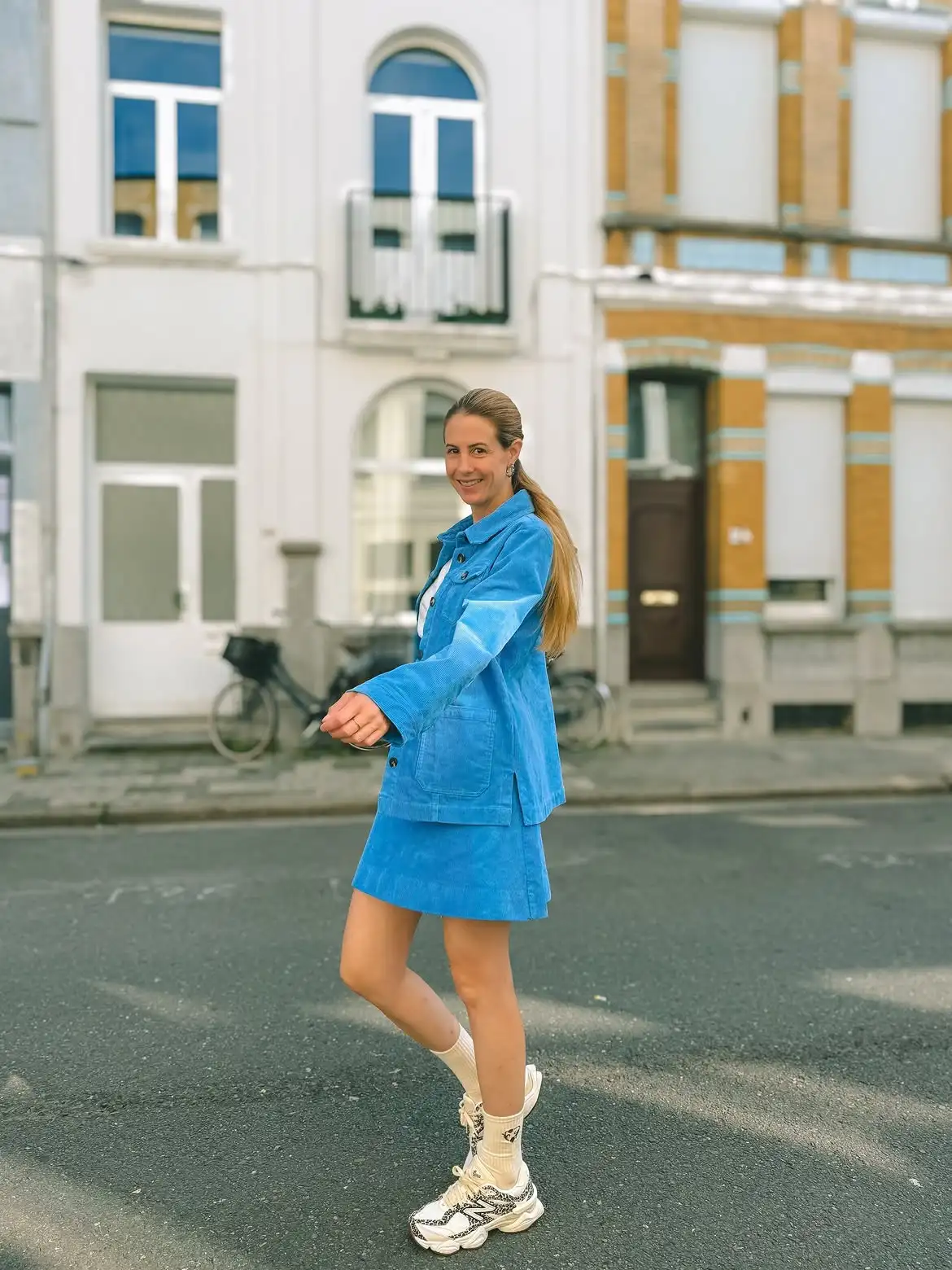 16 Corduroy Outfits for Women Over 40 10 9. Sky Blue Corduroy Jacket and Matching Skirt