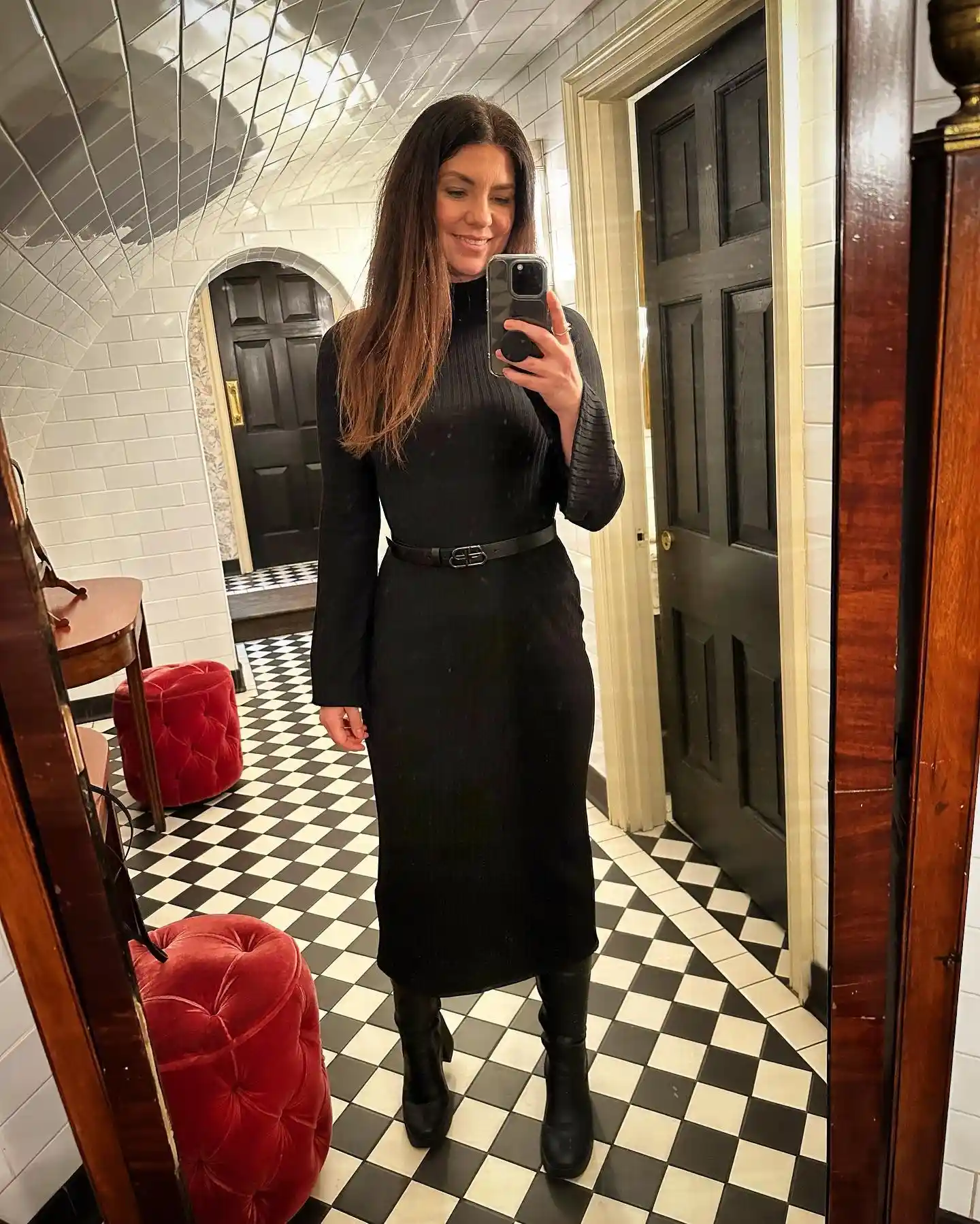 7. Belted Black Midi Dress With Knee Boots