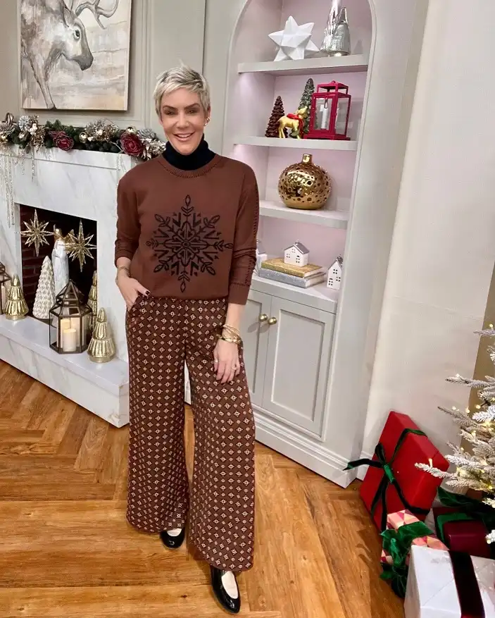 Snowflake Sweater With Printed Wide Leg Pants