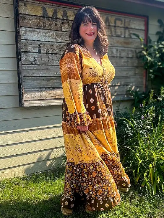 18 Boho Outfits for Women Over 40 (Not Costume-y) 8 Mustard and Brown Patchwork Tiered Maxi Dress