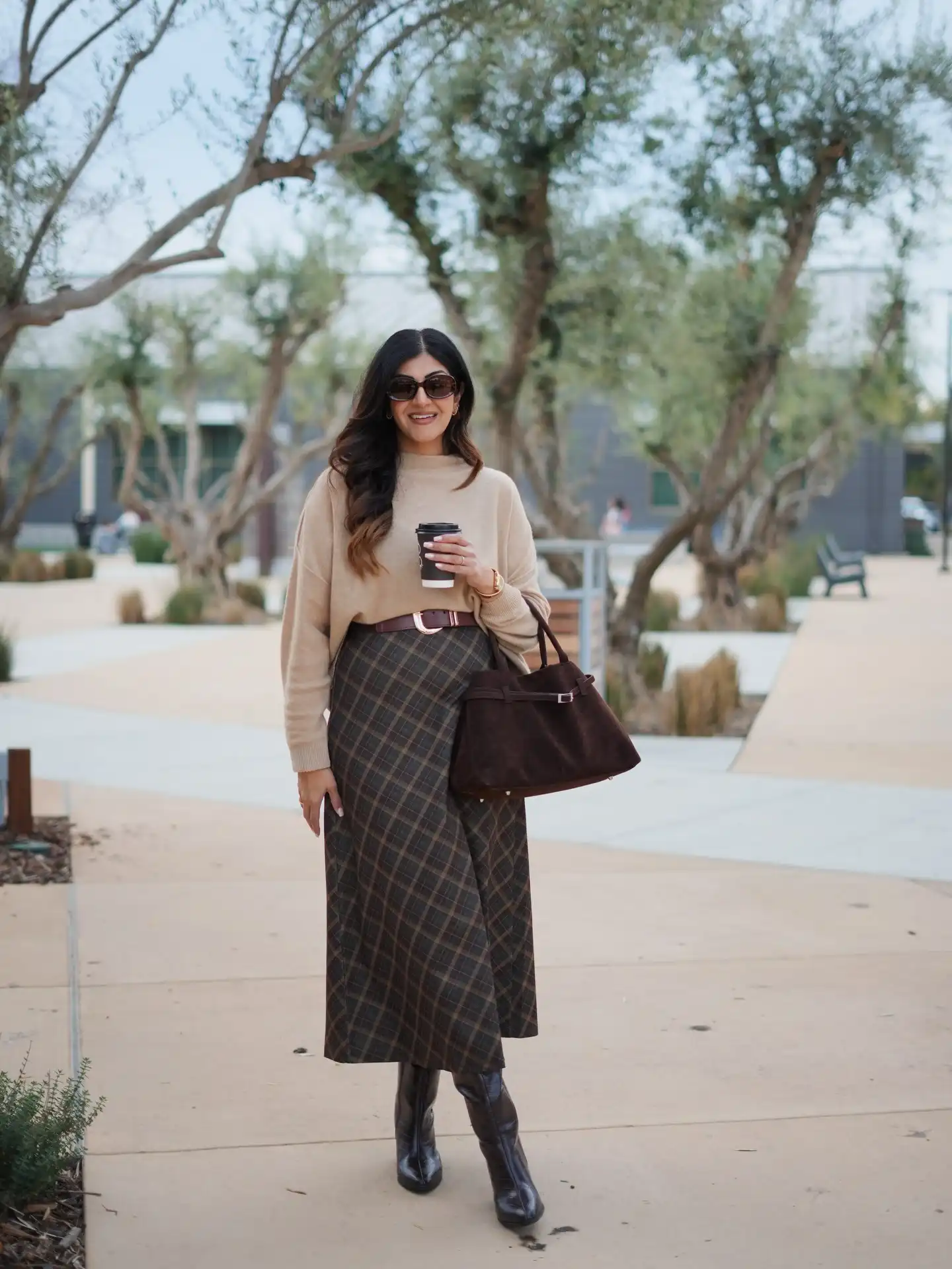 10. Camel Sweater with Plaid Maxi Skirt