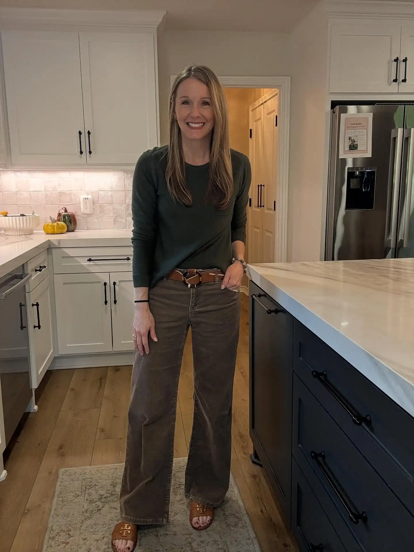 16 Corduroy Outfits for Women Over 40 15 14. Forest Green Sweater with Olive Corduroy Wide Leg Pants