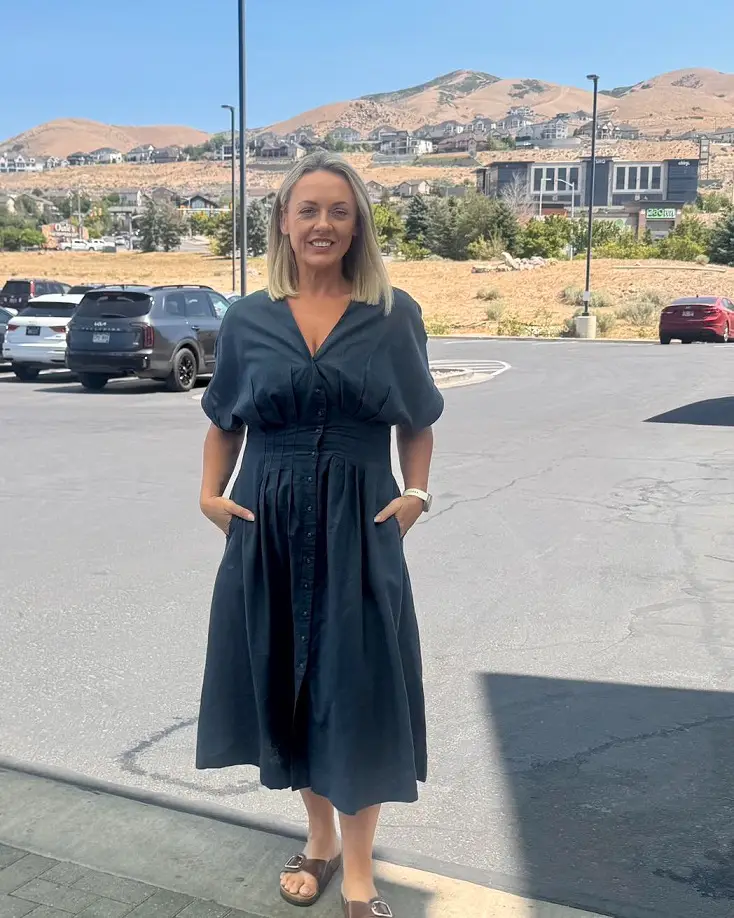 Navy Linen Shirt Dress With Pockets and a Pleated Waist