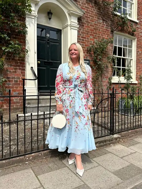 Pale Blue Floral Chiffon Midi Dress With Sheer Sleeves