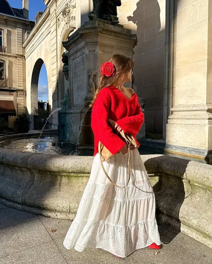 Fuzzy Red Sweater With a White Eyelet Maxi Skirt