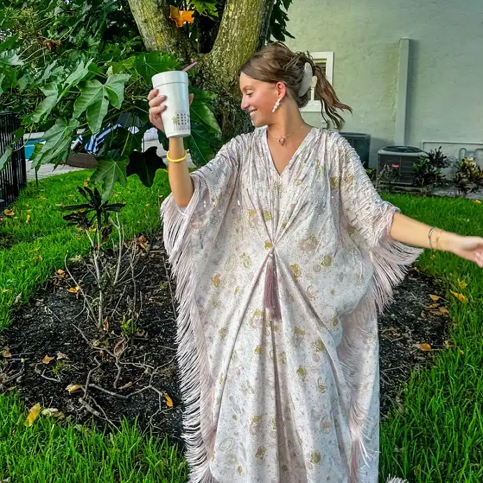 Beaded Kaftan with Fringe Trim