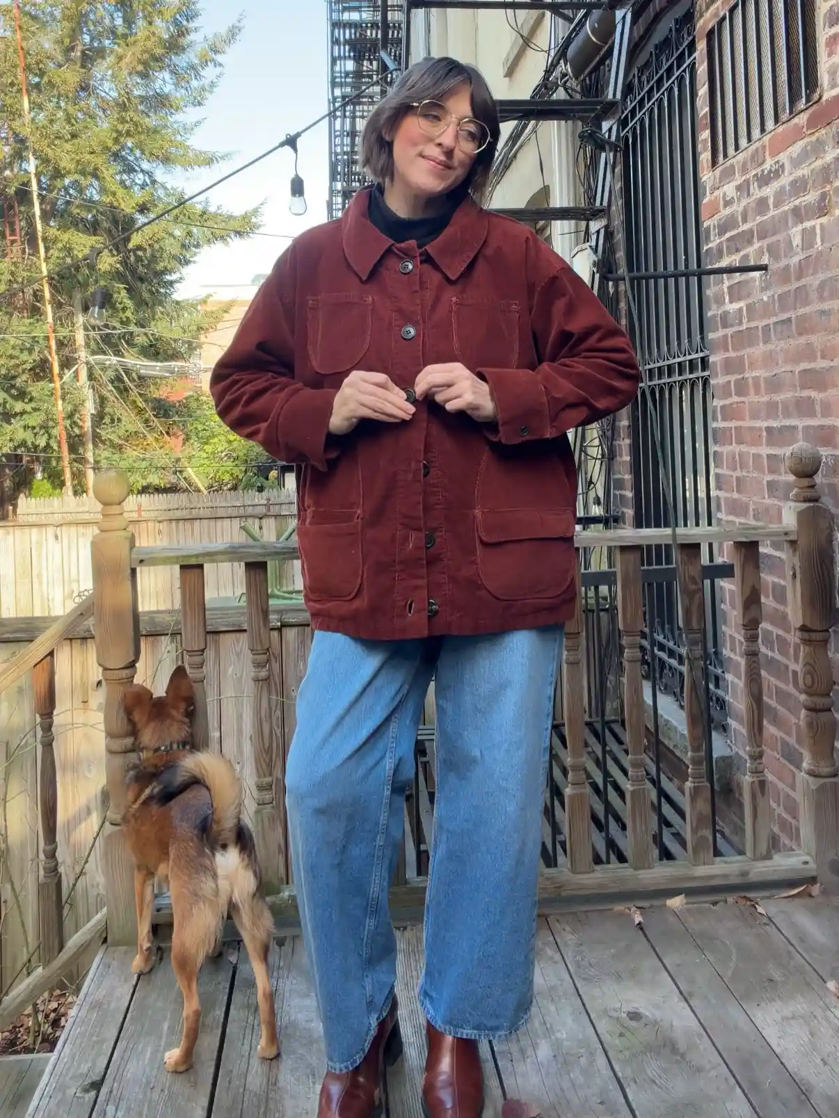 16 Corduroy Outfits for Women Over 40 8 7. Rust Corduroy Chore Jacket with Wide Leg Jeans