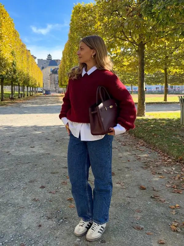 15 Fall Transitional Outfits for Women Over 40 (Summer-to-Fall) 14 13. Fuzzy Red Sweater With a Collared Shirt and Mid Blue Jeans
