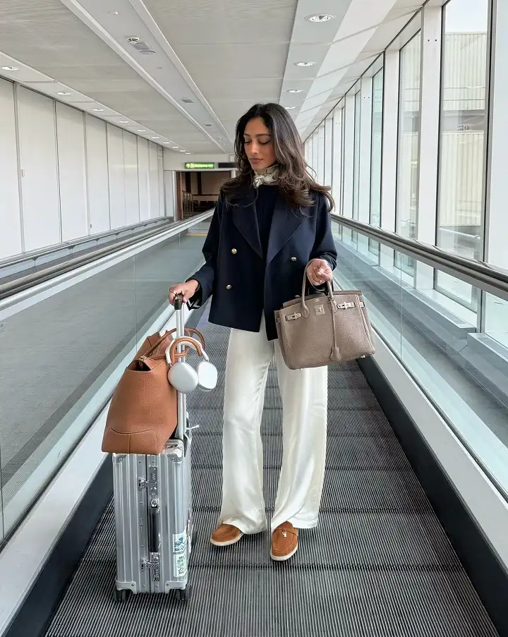 Navy Peacoat with Ivory Satin Pants and Suede Loafers