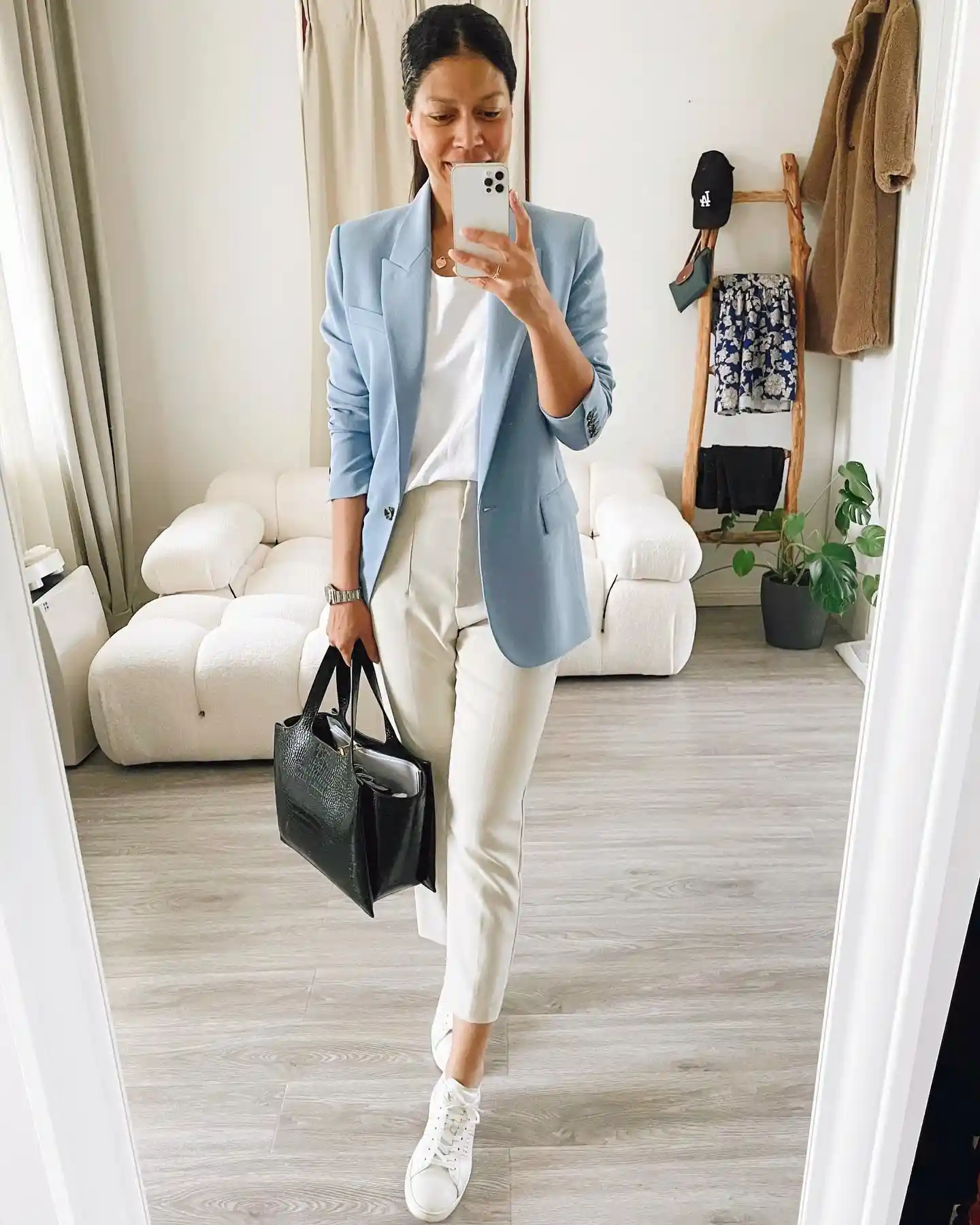 13. Powder Blue Blazer with White Tee and Cream Trousers