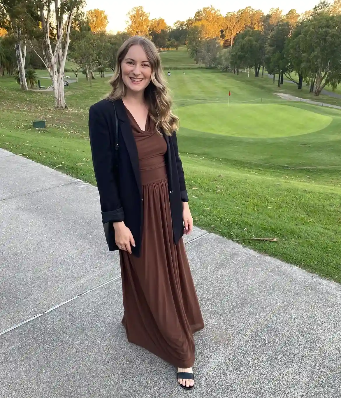 13. Brown Maxi Dress with Black Blazer