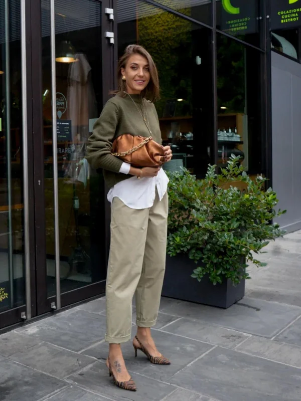 15 Fall Transitional Outfits for Women Over 40 (Summer-to-Fall) 6 5. Olive Sweater Layered Over a White Shirt With Khaki Chinos