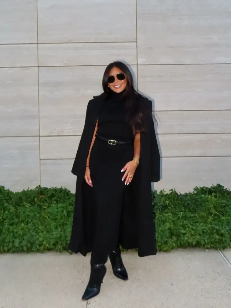 Turtleneck Knit Dress With a Long Coat for Cold Weather Funerals