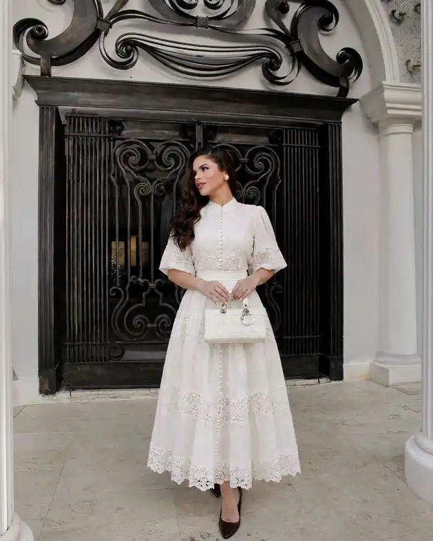 Ivory Lace Tiered Dress With a Band Collar