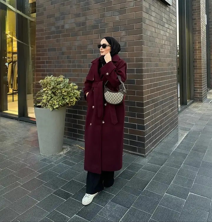 The Belted Wine Wool Coat With Trench Details