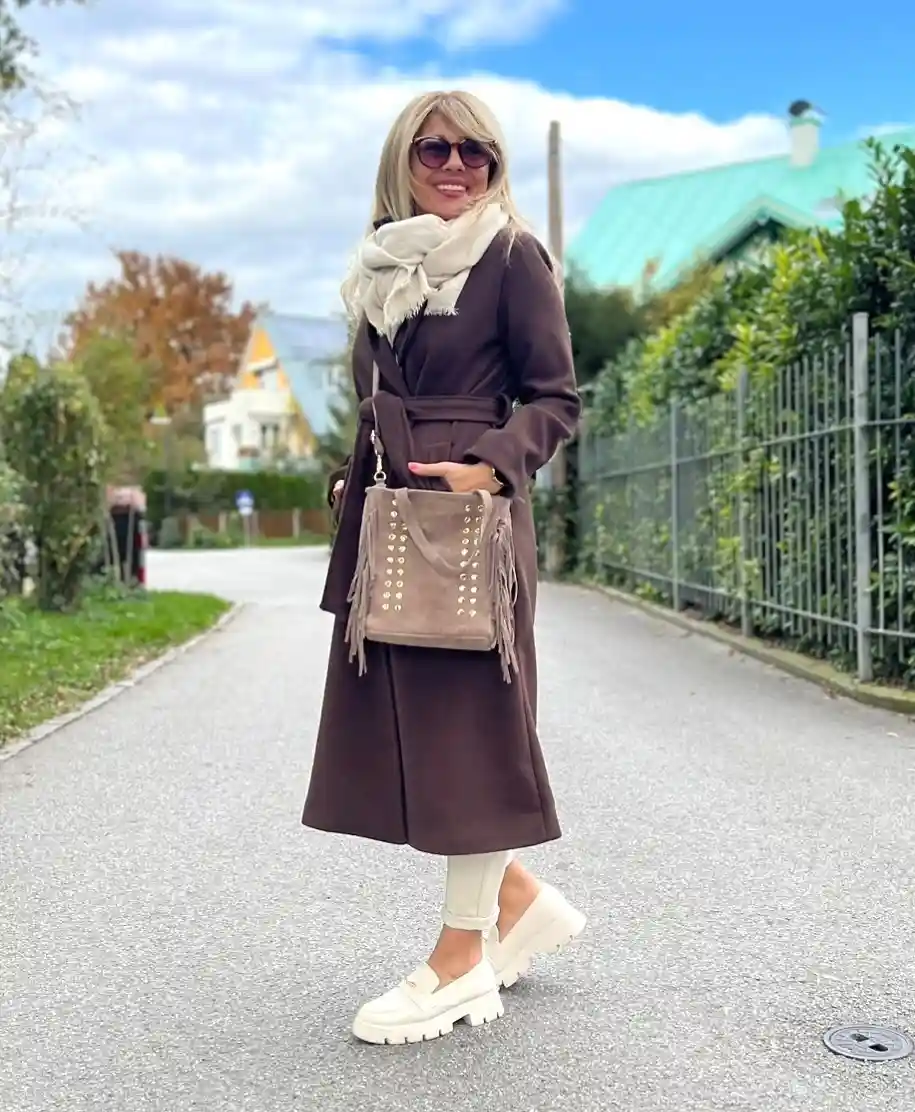 3. Belted Brown Wool Coat with Cream Trousers