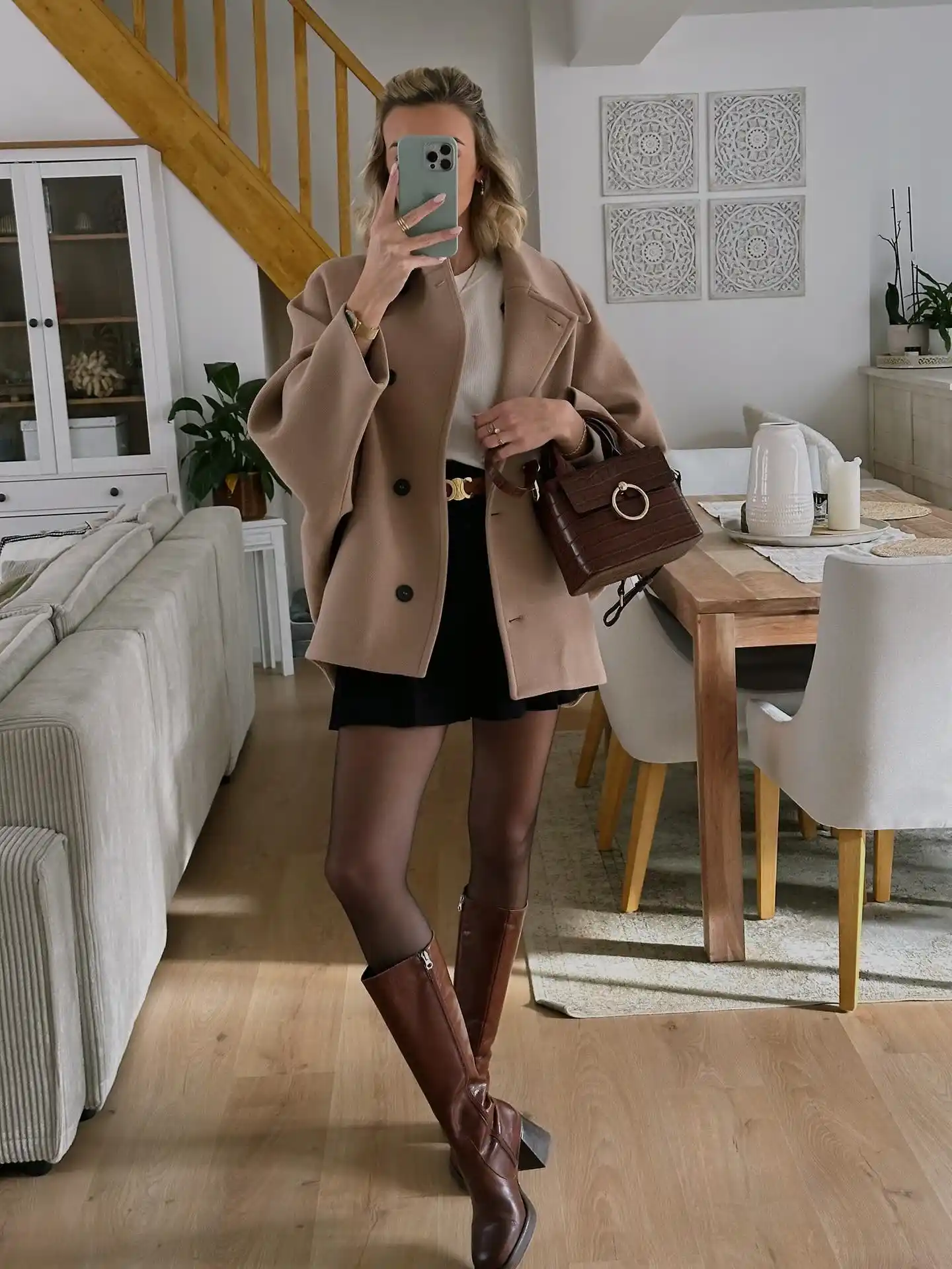 20 Ankle Boot Outfits for Women Over 40 4 3. Camel Coat with Brown Leather Boots