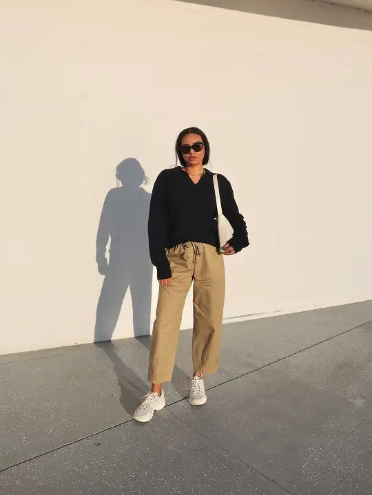 Black Polo Sweater with Khaki Drawstring Pants