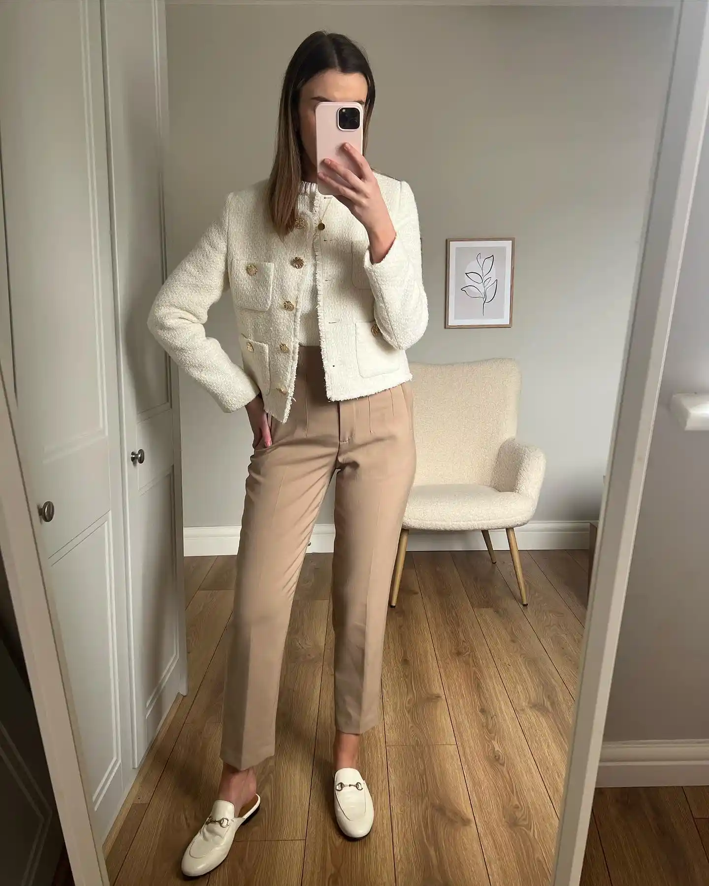 15 Business Casual Outfits for Women Over 40 4 3. Cream Tweed Jacket with Camel Trousers