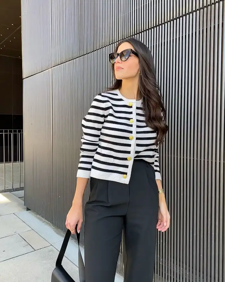 Striped Knit Jacket with Black Pleated Trousers