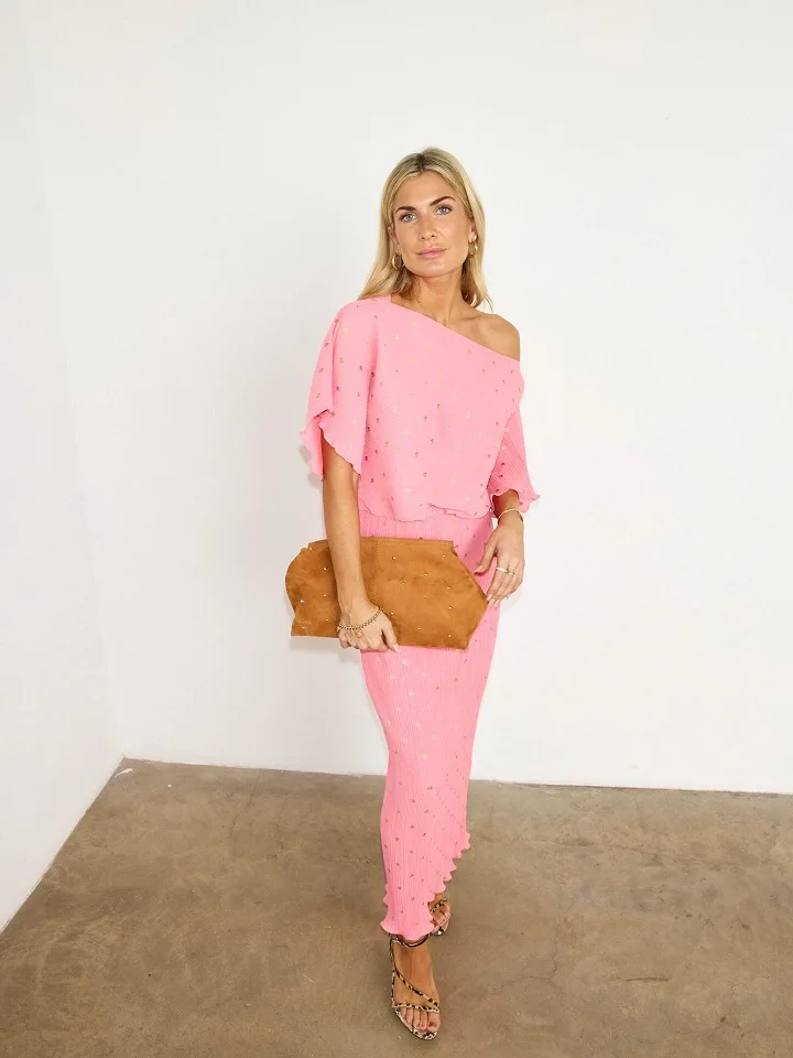 Matching Pink Pleated Top and Skirt With Gold Dots