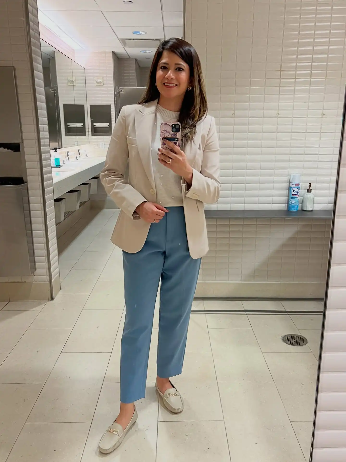 15 Business Casual Outfits for Women Over 40 8 7. Beige Blazer with Slate Blue Trousers