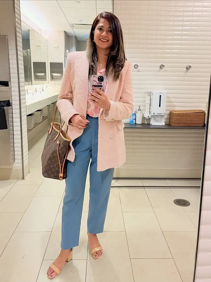18 Spring Work Outfits for Women Over 40 That Feel Fresh, Not Fussy 15 Pink Tweed Blazer With Dusty Blue Trousers